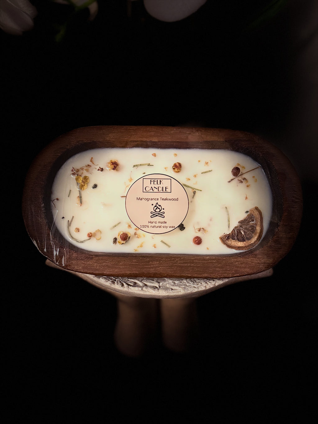 Mahogany Teakwood Wooden Dough Bowl Candle — 3 Wick | FELK Candle