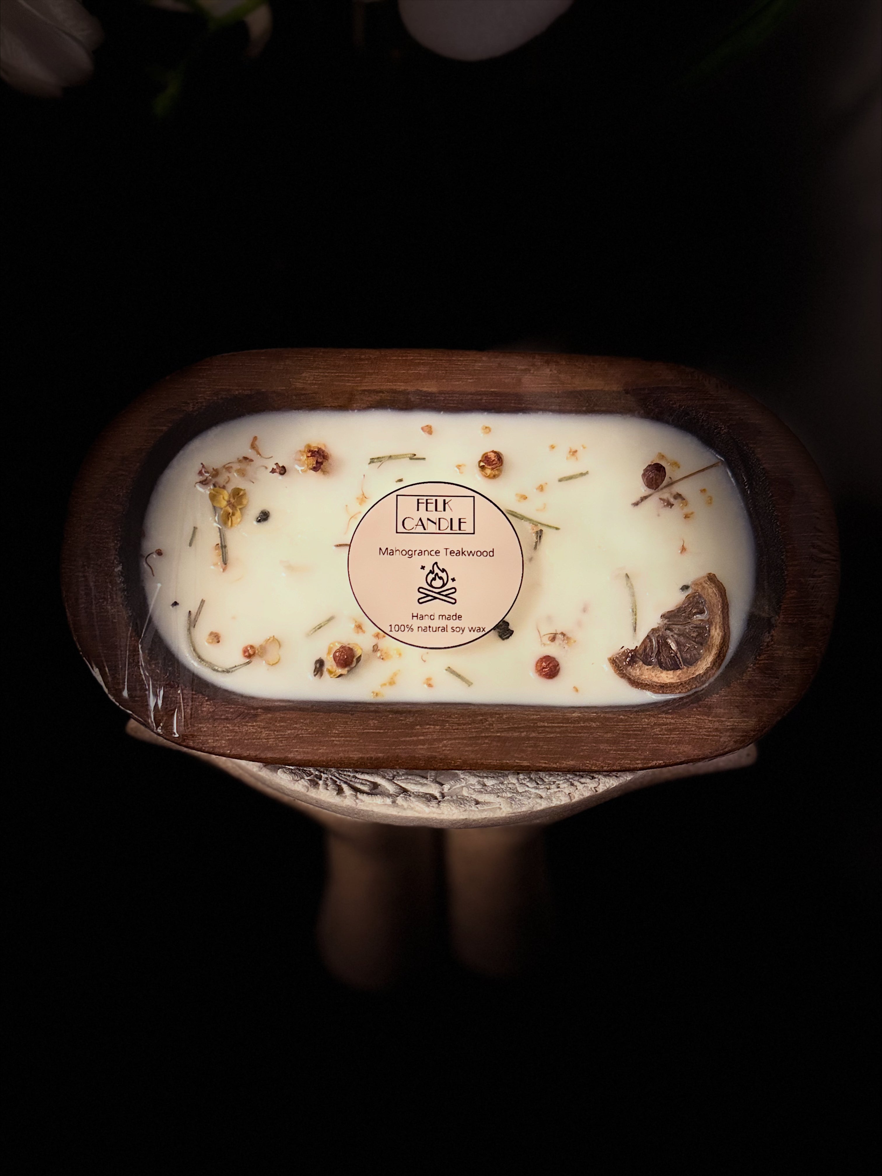 Mahogany Teakwood Wooden Dough Bowl Candle — 3 Wick | FELK Candle